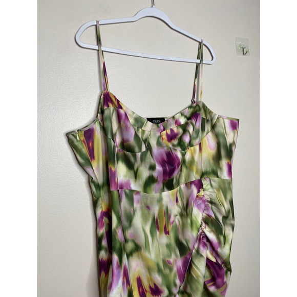 Cider | Dresses | Cider Curve Plus Illusion Ruched Midi Dress Purple Green Watercolor Corset 4xl 